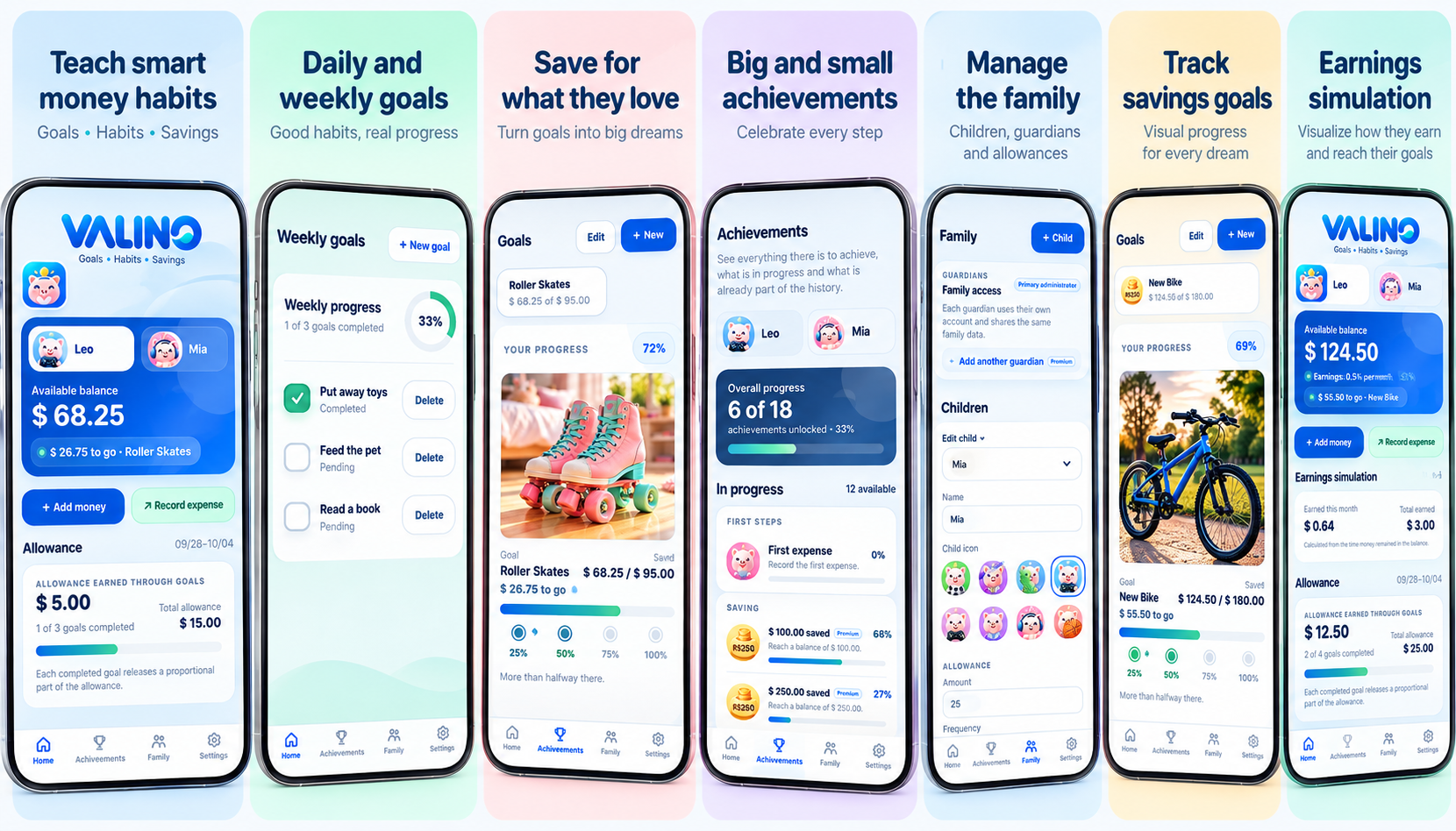 Valino app screens showing family goals, habits, allowances, savings and achievements
